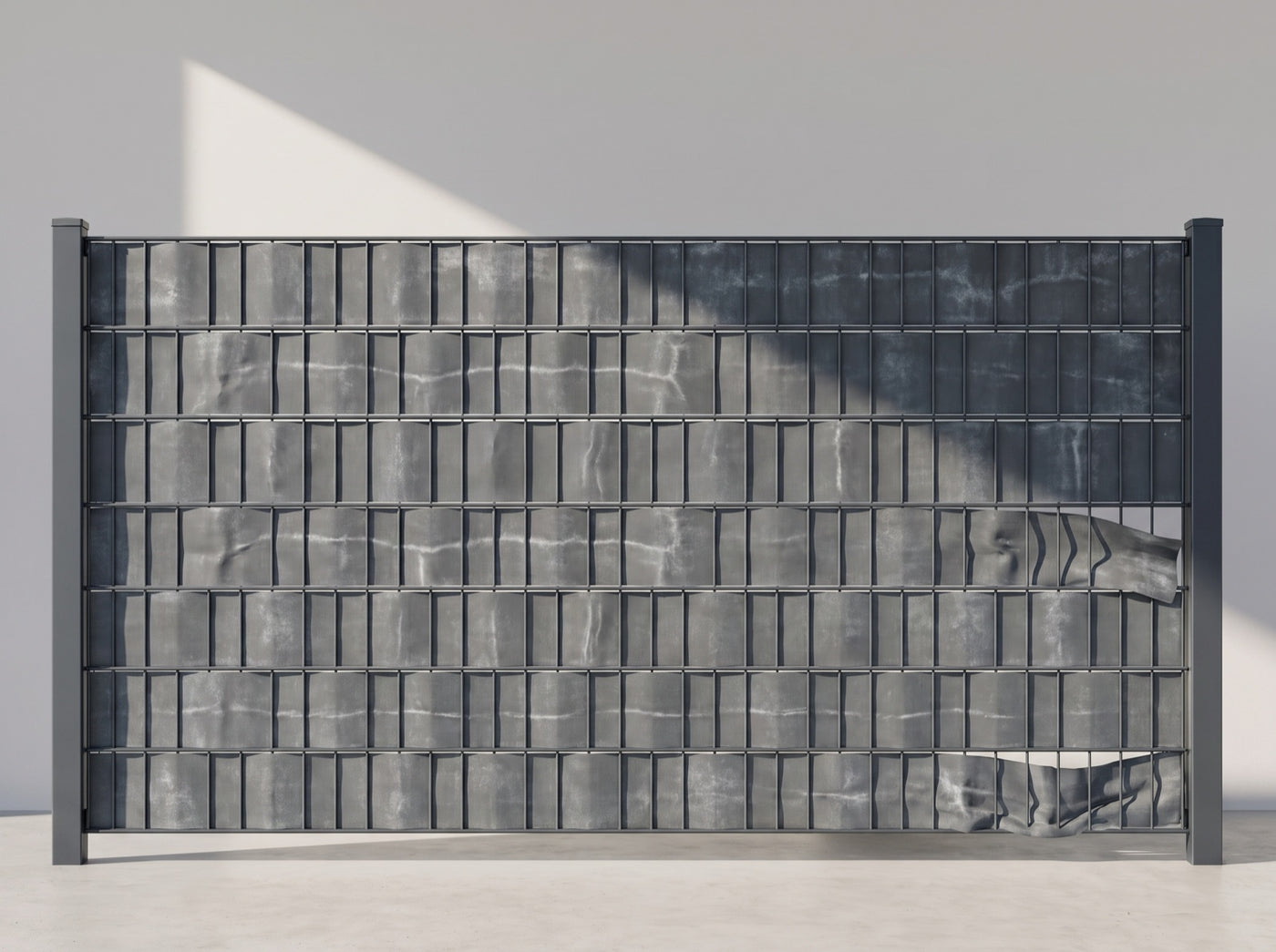 Doppelstabmatte mit verblichenen PVC-Sichtschutzstreifen